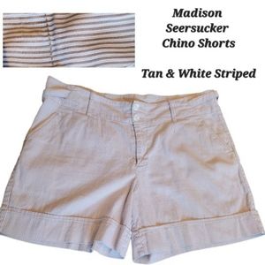 Madison Seersucker Chino Shorts Tan & White Size 16 EUC | Plus Size Chino Shorts